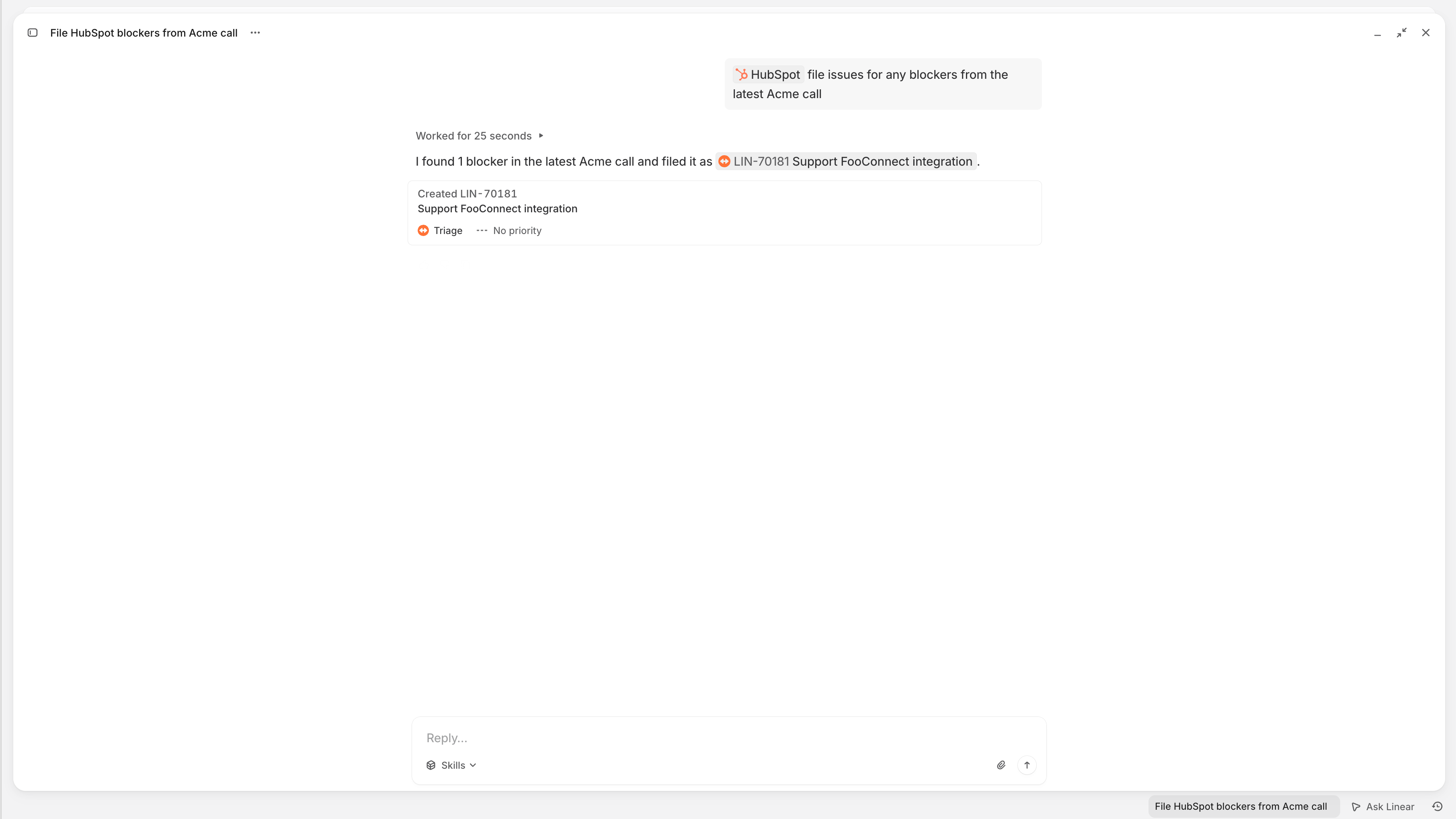 Linear Agent tracks a customer request from a call