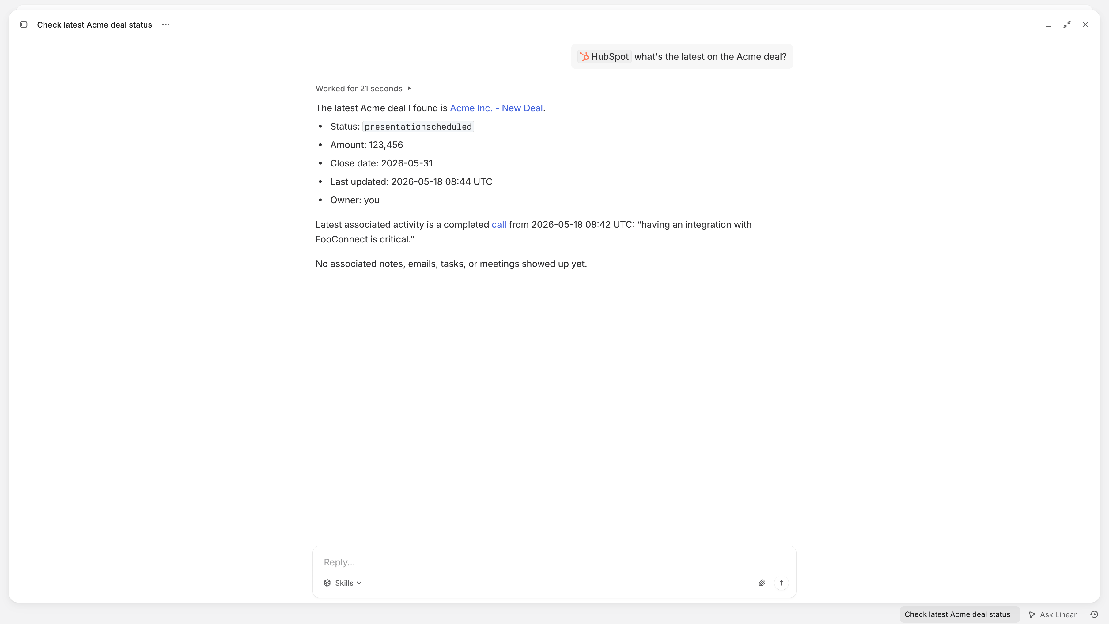 Agent uses HubSpot MCP to gather context